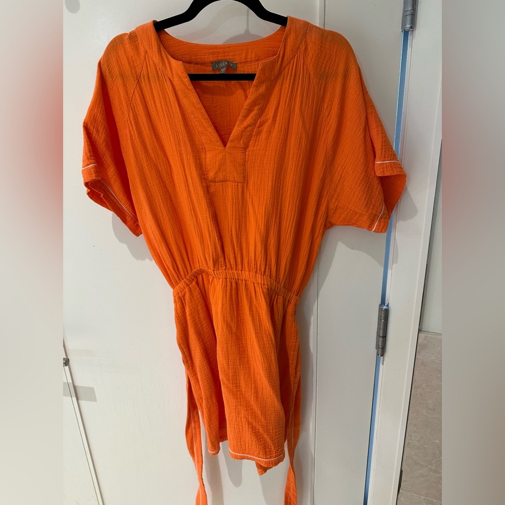 NWT LILLA P Gauze Belted Split Neck Dress - Tangelo Orange M Medium